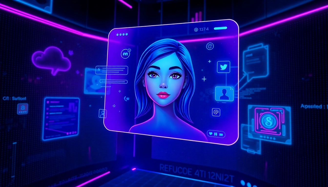 Futuristic AI chat interface with a digital avatar and neon-lit environment, emphasizing immersive and emotional interactions.