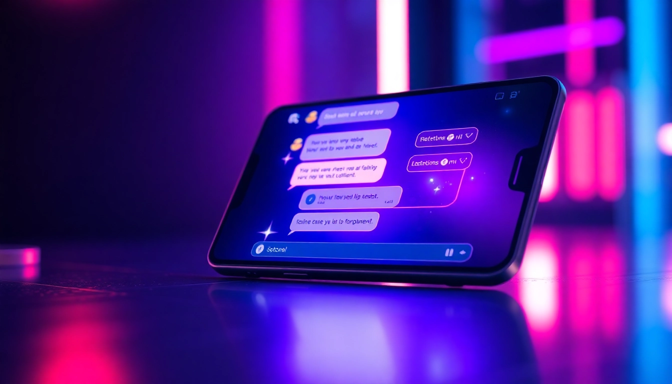 Futuristic AI chatbot interface on a modern device with neon lighting and digital conversation bubbles