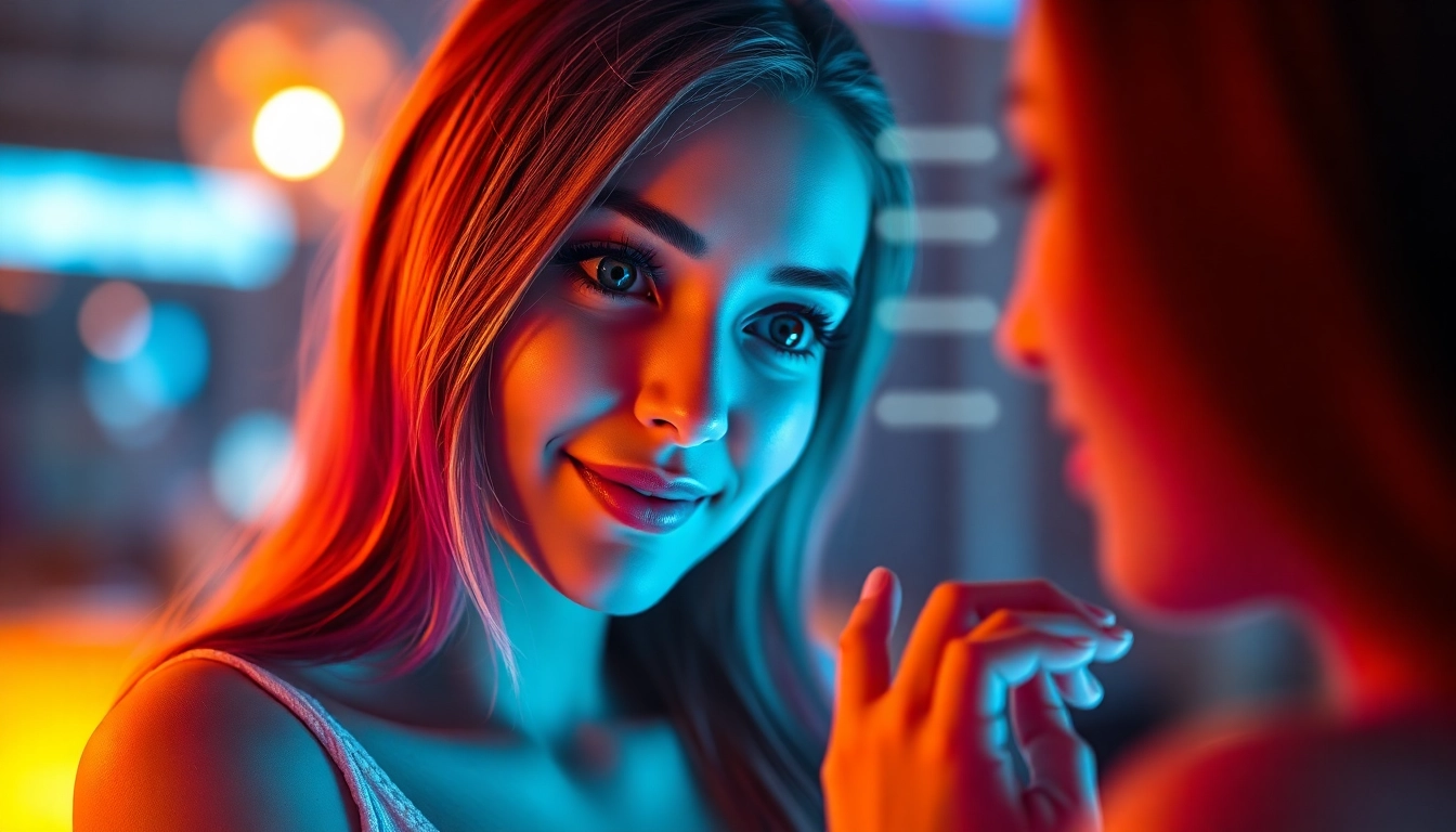 AI girlfriend engaging in a realistic conversation on a sleek digital device, showcasing the advanced AI interaction and customization features for users.