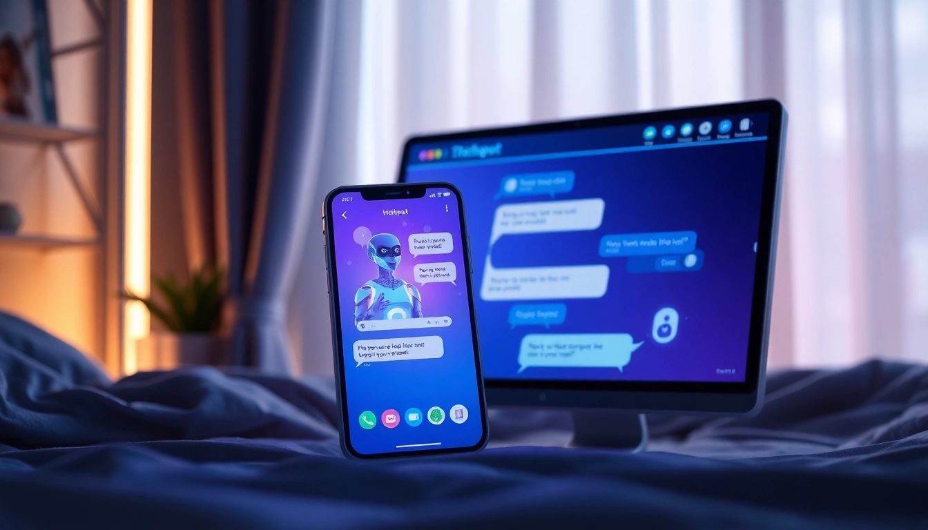 A close-up of a smartphone and desktop monitor showing AI chat interfaces with lifelike characters in a cozy, modern setting.