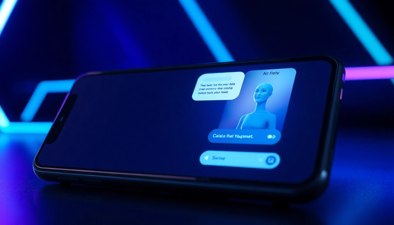 Futuristic AI chatbot interface on a sleek device screen with glowing neon accents and a friendly digital avatar.