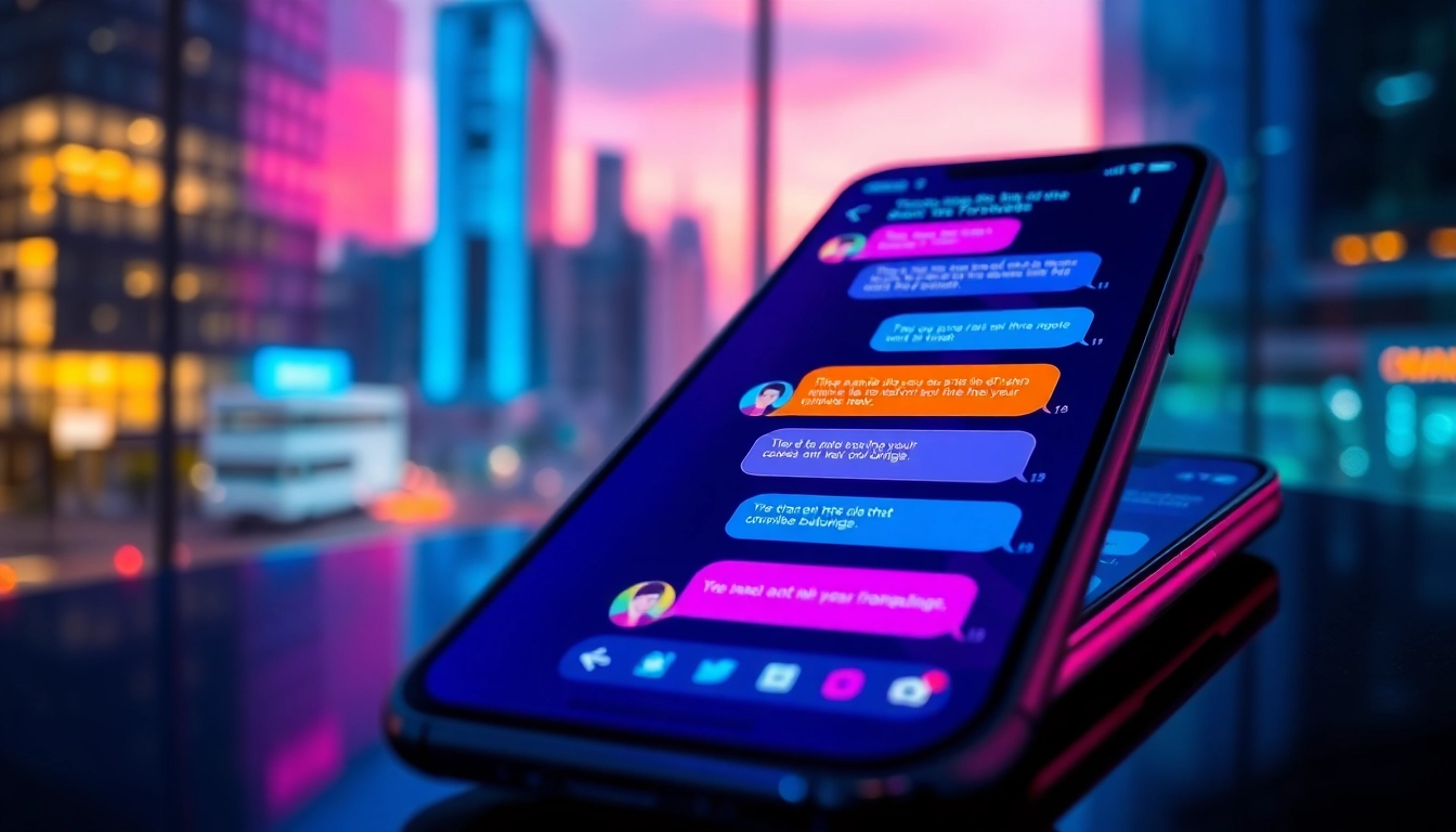 Futuristic smartphone displaying an engaging AI chat interface with colorful text bubbles and customizable characters against a neon cityscape background.