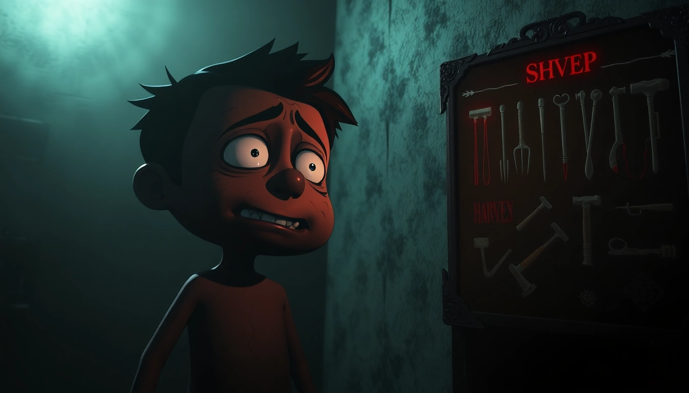 A disturbing scene of Harvey suffering with a dark shop menu showing violent tools, capturing the game's unsettling mood.