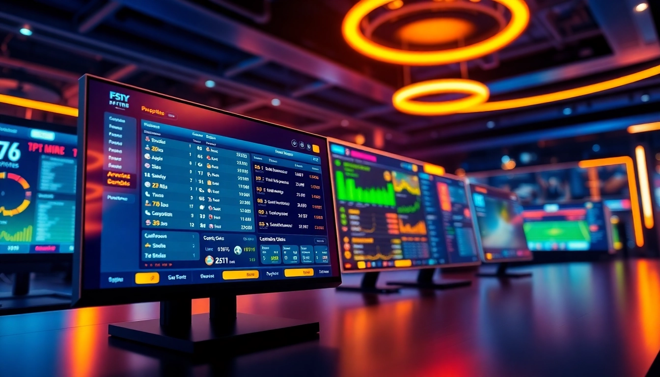 Digital interface of an online sports betting platform with vibrant neon accents and live sports scores.