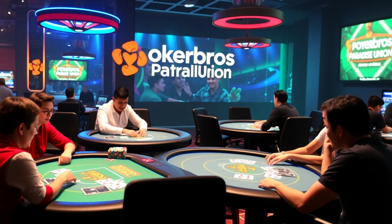 Pokerbros Paradise Union: vibrant online poker community with active tables and friendly players engaging in the game.