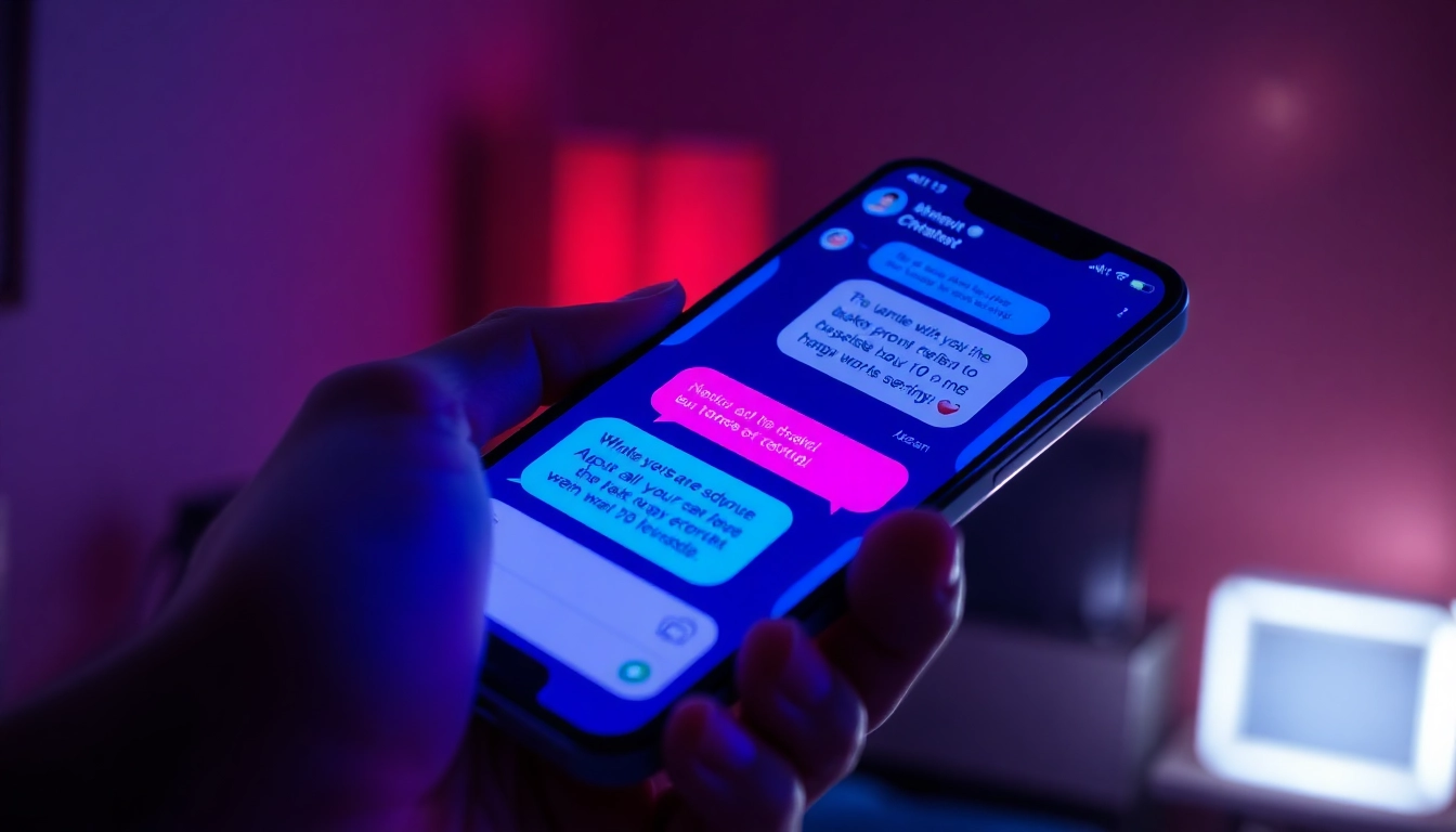 Close-up of a smartphone displaying an AI chatbot conversation with vibrant, neon-colored interface elements in a dimly lit room.