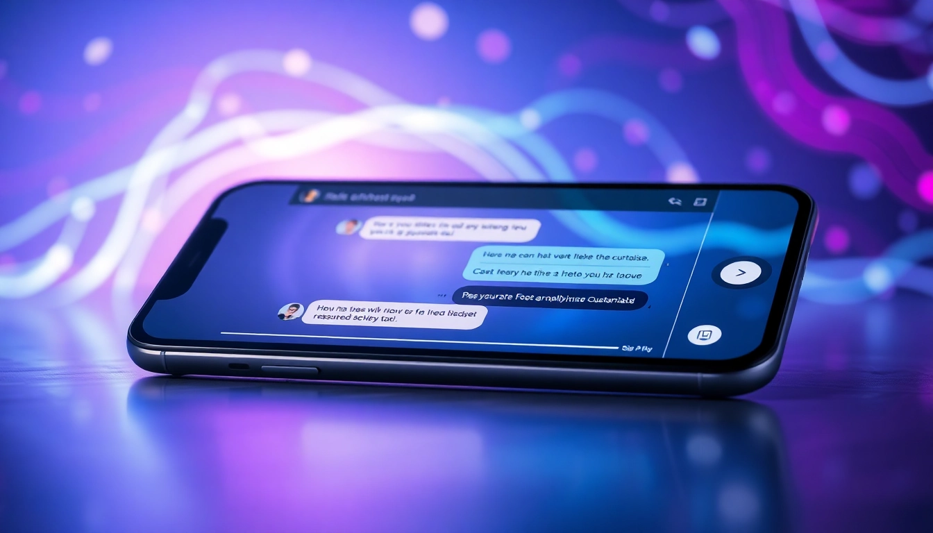 Futuristic AI chatbot interface on a modern device with glowing digital elements and abstract cyberspace background.