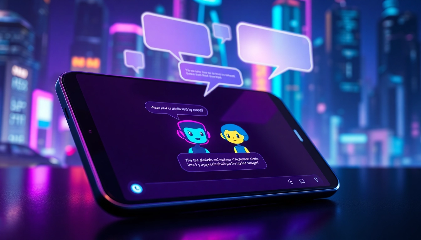 Futuristic digital chat interface with neon city background and animated AI characters