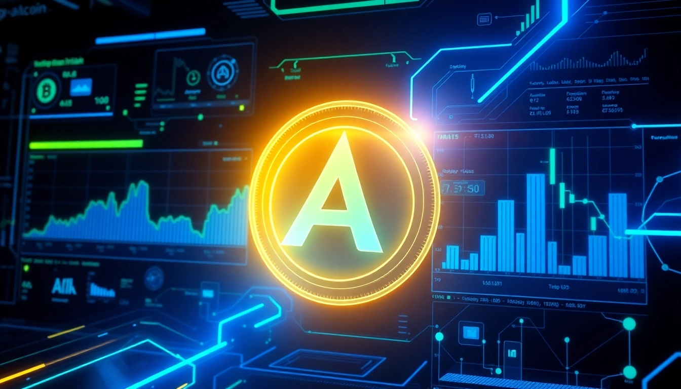 High-tech visualization of aicoin data analysis showing market trends and blockchain graphics